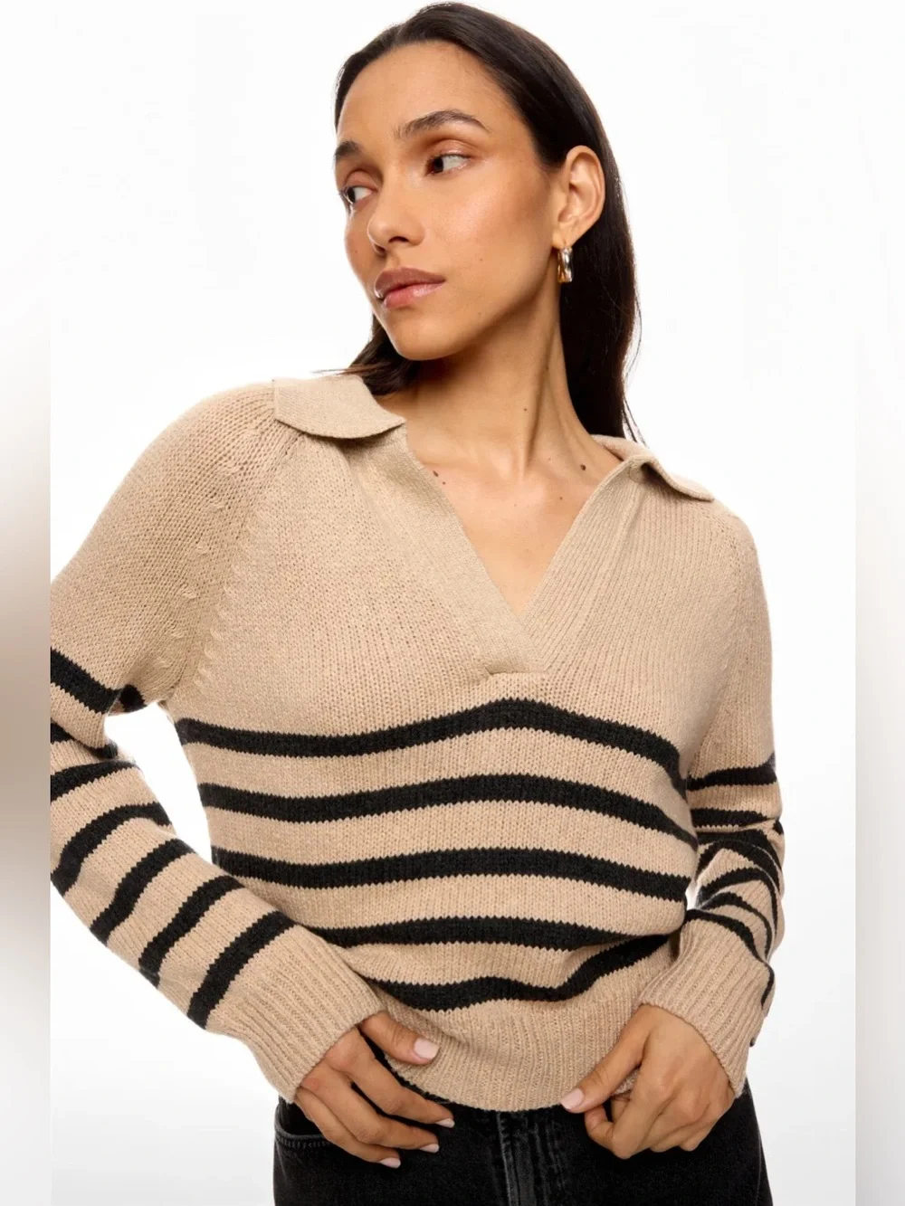 Marine Layer Relaxed Striped Berkeley Sweater Polo Size Small Beige Charcoal S
